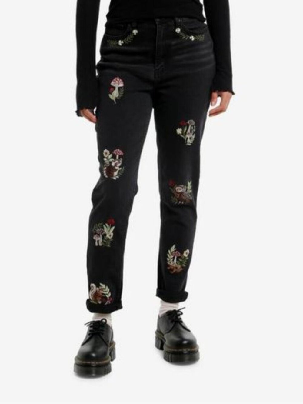 Hot Topic Mushroom Forest Creature Embroidered High Rise Mom Jeans - Picture 4 of 10